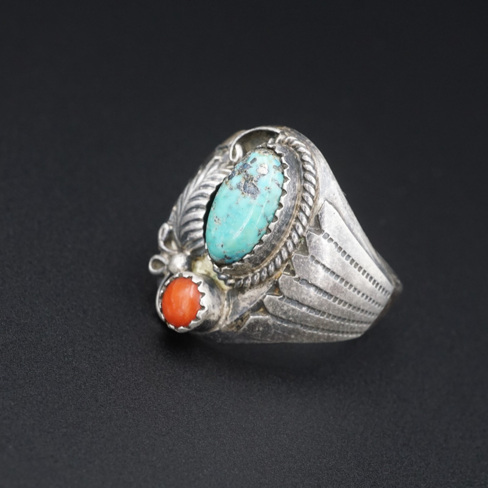 Navajo Oscar Alexius Sterling Silver Coral Turquoise Ring Size 10.25 ...