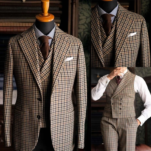 Plaid Men's Suits Houndstooth Business 3 Pieces Wedding Best Man Tuxedo Slim Fit - Picture 1 of 10