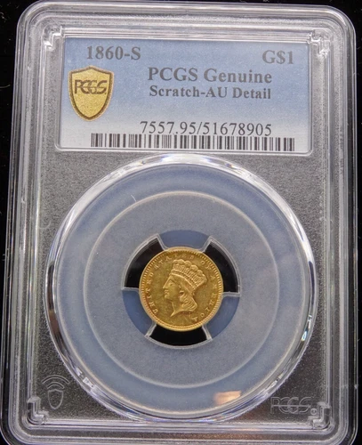 1860-S $1 Indian Princess Gold Dollar PCGS AU Details  Scratched US Mint Coin