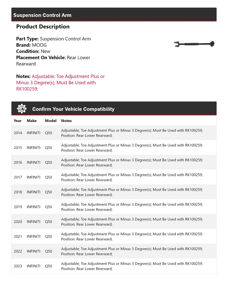 Para 2014-2023 INFINITI Q50 braço de controle de suspensão traseiro inferior traseiro MOOG 2014 - Imagem 2 de 4