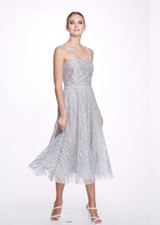 MARCHESA NOTTE Sleeveless Beaded Glitter Tulle A-LINE MIDI Silver GOWN SZ 12 NEW