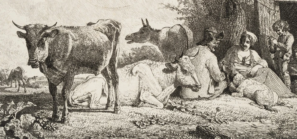 J. DEMARNE (1752-1829), Bauernfamilie mit Vieh, Radierung Rokoko Tiere 1750-1799 - Bild 3 von 4