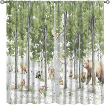 Green Forest Animal Curtain,Watercolor Woodland Bear Deer Fox Squirrel Birls Bir