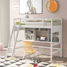 Twin size Loft Bed with Storage Shelves, Desk and Ladder, White(OLD SKU :LP00014
