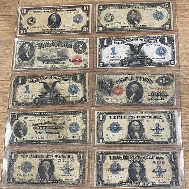 10 US Lg Notes 1914 $10 + $5 FRN,1917 $2USN,2-1899 $1SC, 1917 $1USN,1918 $1FRBN