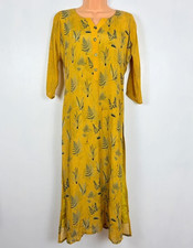 Vintage Yellow Summer Maxi Dress Tie Neck Boho Festival Botanical Mustard 
