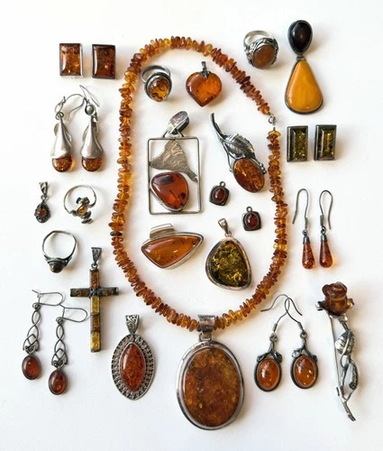 Vintage 23 Pc Baltic Amber Sterling Silver Lot Earrings Pendants Brooch Etc 200g
