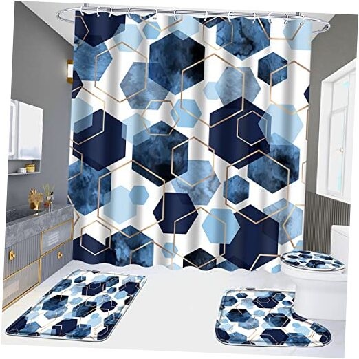 4-Piece Blue Marble Bathroom Set with Shower Curtain and Rugs