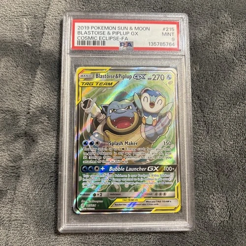 2019 POKEMON SUN & MOON COSMIC ECLIPSE #215 FULL ART/BLASTOISE & PIPLUP GX PSA 9