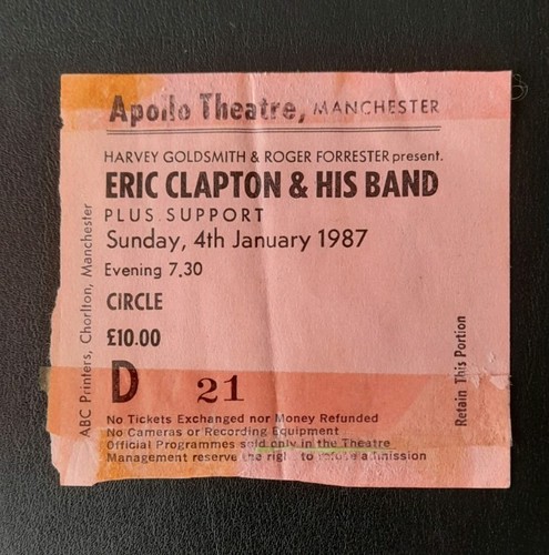 Eric Clapton Original 1987 Used Ticket Stub Apollo Manchester 4th January 1987