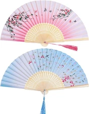 Hotop 2PCS Handheld Silk Folding Fans Bamboo Frame Cherry & Peach