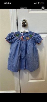 petit bebe Blue Gingham Smocked Dress Santa Embroidery 9-12M Short Sleeve