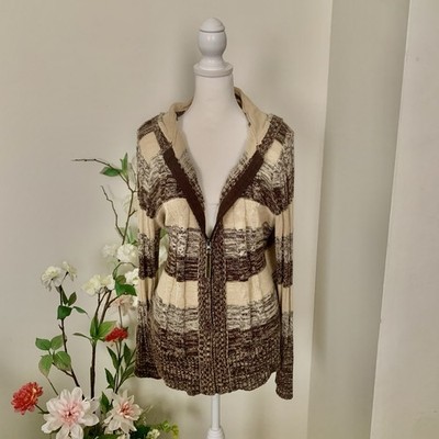 Not My Style Just For Me Hooded Cable Knit Zip Cardigan Sweater Brown Beige L