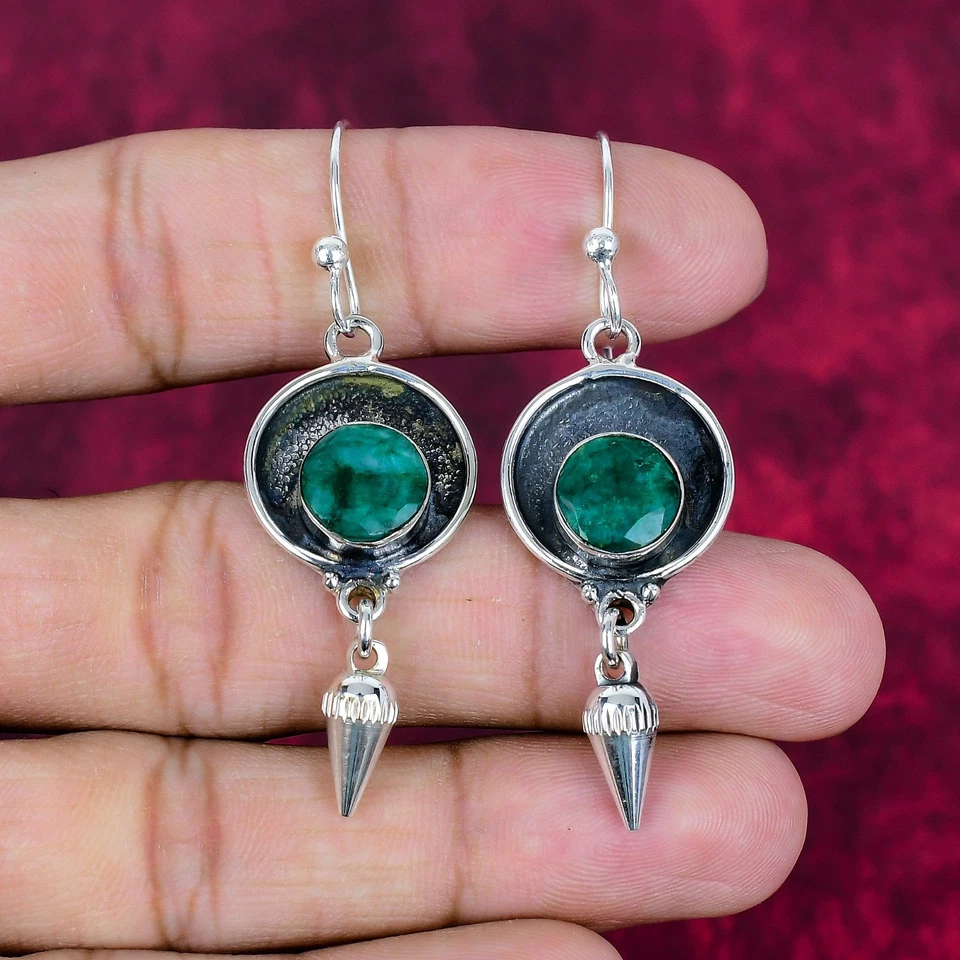 Lab-Created Emerald Gemstones Handmade 925 Sterling Silver Jewelry Earrings - Image 4 of 4