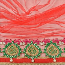 Sanskriti Vintage Dupatta Long Stole Net Mesh Red Hand Beaded Zardozi Scarves