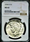 1934-D Peace Silver One $1 Dollar - NGC MS 62  CC821