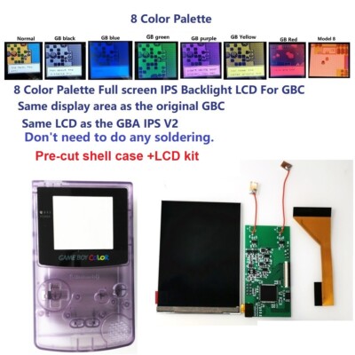 Full Size 8 Colorful Backlight LCD Kit For Game Boy Color + Pre-cut Shell Case