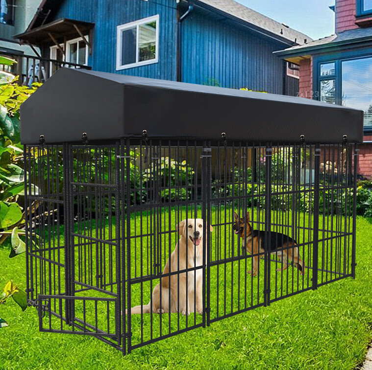 L~XXL Metal Dog Kennel Outdoor Patio Animal Runs Crates Big Playpen Roof  Cover