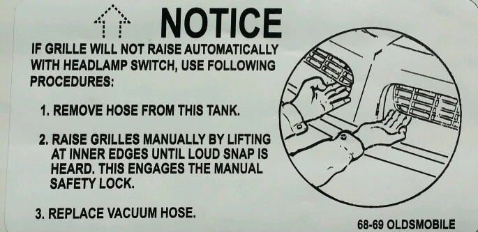Oldsmobile Toronado 1968-1969 faro vacío puerta tanque calcomanía motor Foto 2 de 4