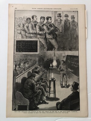 1884 Leslies Antique Print Scenes Of Night School At Sing Sing Prison NY #1122