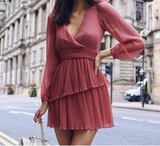 ZARA Dusty Pink Swiss Dot Ruffle Tiered Mini Dress Size Small Long Sleeve Spring