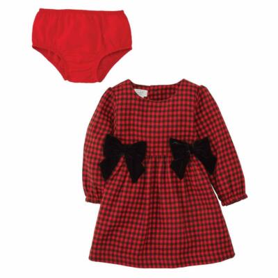 Mud Pie Kids Alpine Village Buffalo Check Christmas Dress with Velvet Bows