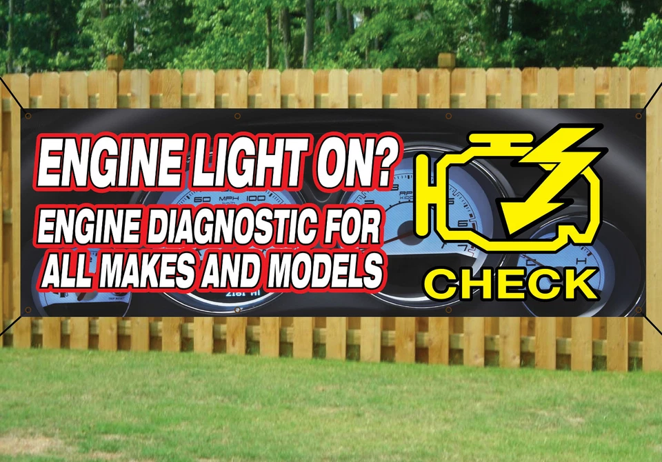 THESIGNSTORE CAR ENGINE LIGHT ON REPAIRS HERE BANNER GARAGE SIGN waterproof PVC with Eyelets