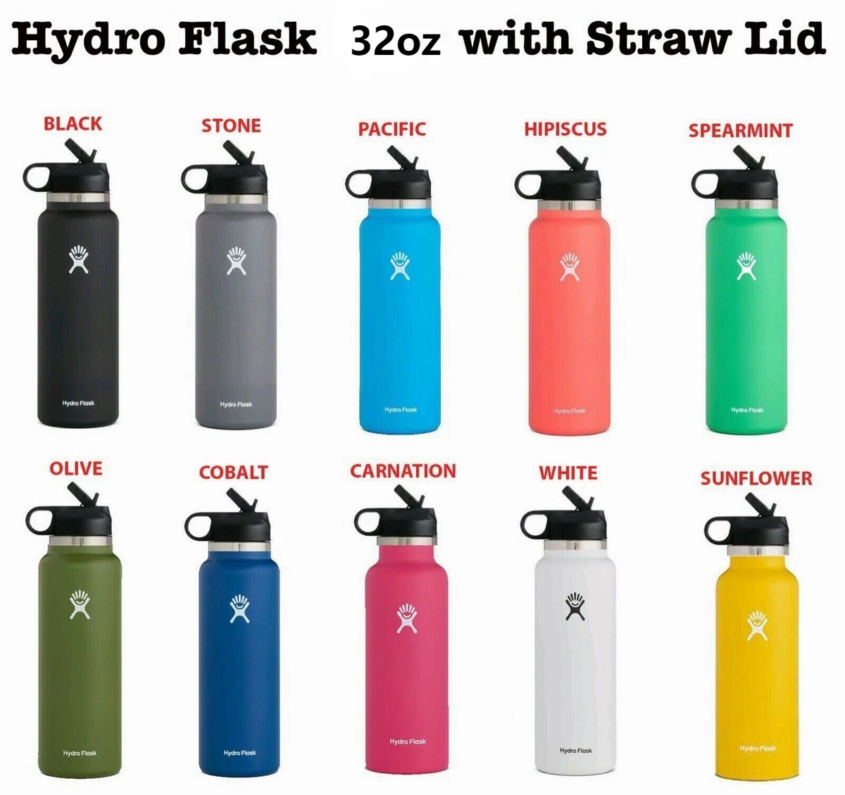 32oz White Hydro Flask Water Bottle Stainless steel Wide Mouth W