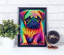 Colorful Pug, Animal Portrait, Poster Print, Wall Art Home D cor