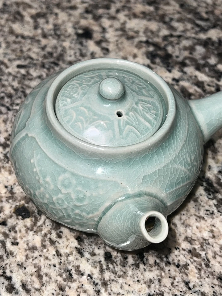 Tetera Coreana Celadon Rara Tetera Mango Lateral Verde Jade Cerámica De Colección Zen Foto 2 de 4