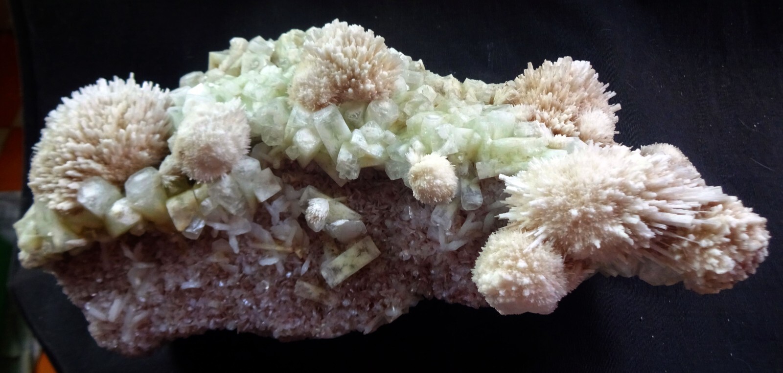STUNNING SCOLECITE BLOW SPERY BALLS ON LIGHT GREEN APOPHYLITE CUBES W/ STILBITE