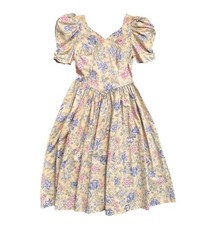 Vtg 80s Laura Ashley Yellow Floral Pastel Tea Dress Size 14 Puff Sleeve bow back