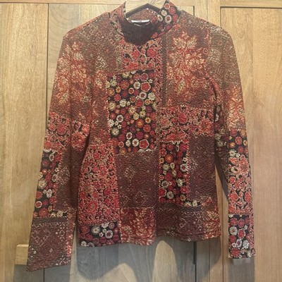 Vintage 90s Coldwater Creek Patchwork Top Mock Neck Size M Boho Artsy Retro