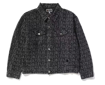 NEW BAPE Lux Sport Pattern Jacquard 13oz Denim Trucker Jacket Size L Black