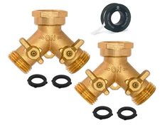 2 Pack Brass Garden Hose Splitter 2-Way Y Connector w/ 2 Valves