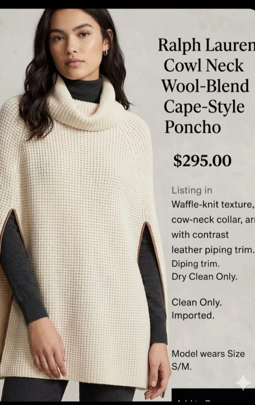 Ralph Lauren Women Tan Camel Waffle Knit Wool Poncho Cape Cow neck Sweater S/M