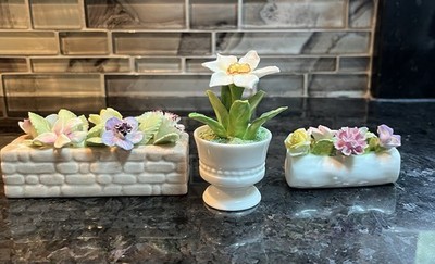 Vintage Coalport ,Crown Floral Bouquet England Flower Box Pot Miniatures Set 3