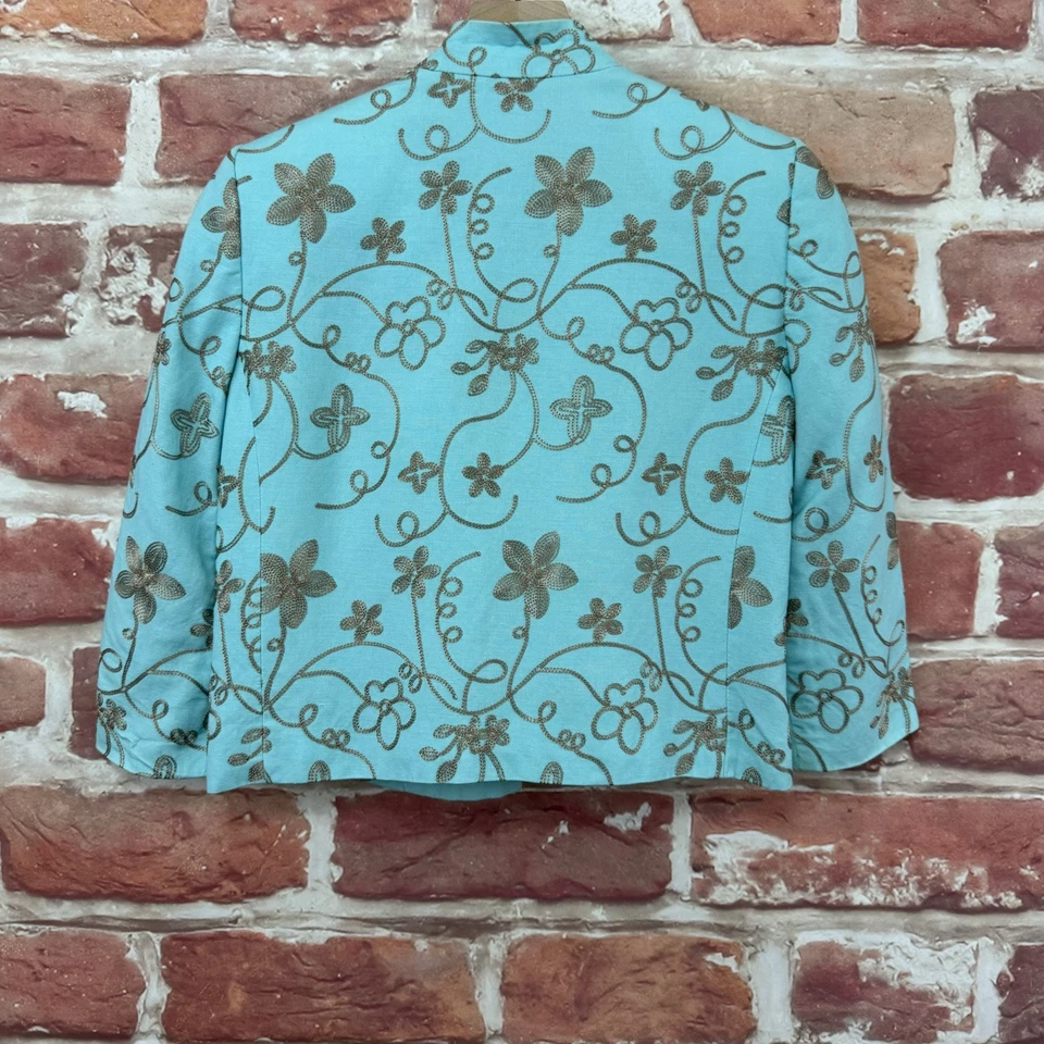 Chaqueta Liz Claiborne Mujer 2 Pequeña Azul Tostado Floral Bordado Remolino Blazer Foto 4 de 4
