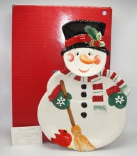 Snowman Chip Dip Ceramic Plate Lrg. Holly Jolly Fitz And Floyd Essentials w/ Box