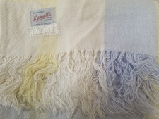 Kamella Vintage Pram Blanket Rug Made in England blue yellow check fringe
