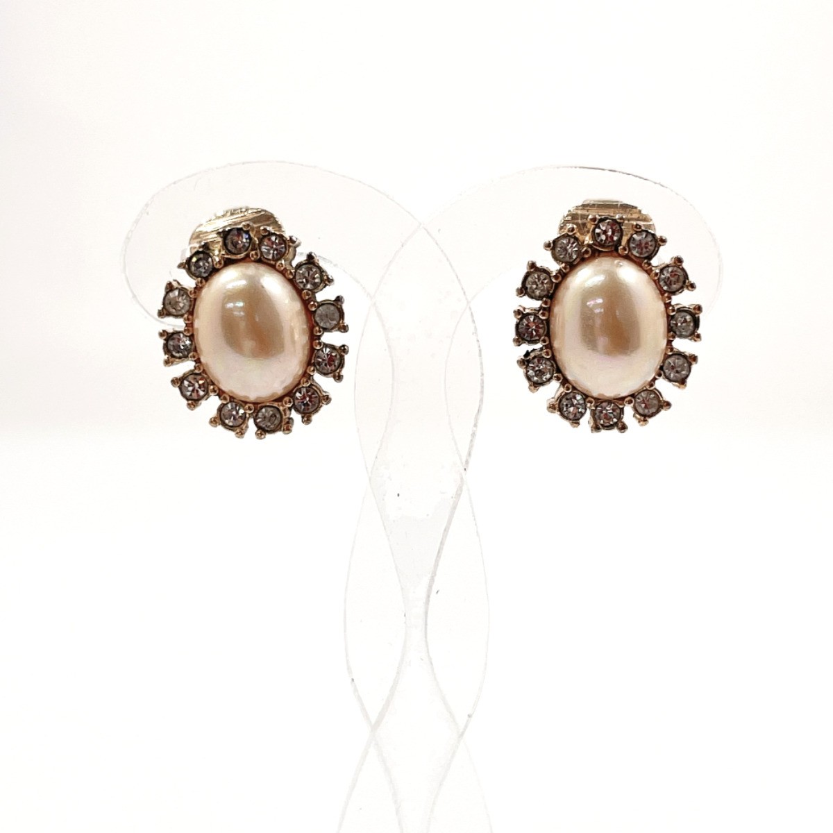 Vintage Christian Dior Rhinestone & Pearl Gold-Tone Earrings
