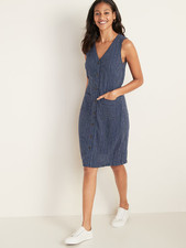 Old Navy S Dark Blue Striped Dress Pockets Button up V-Neck Linen/Rayon