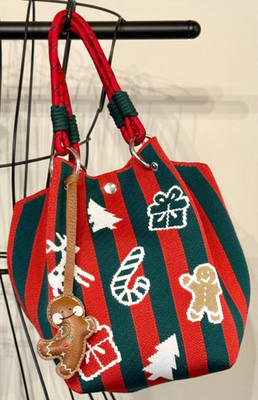 New Christmas Gingerbread Man Striped Woven Bucket Bag Handbag Purse w/ Charm