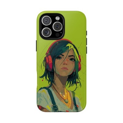 Phone Ink - iPhone | Galaxy | Pixel Case - Girl Headphones Neon Green