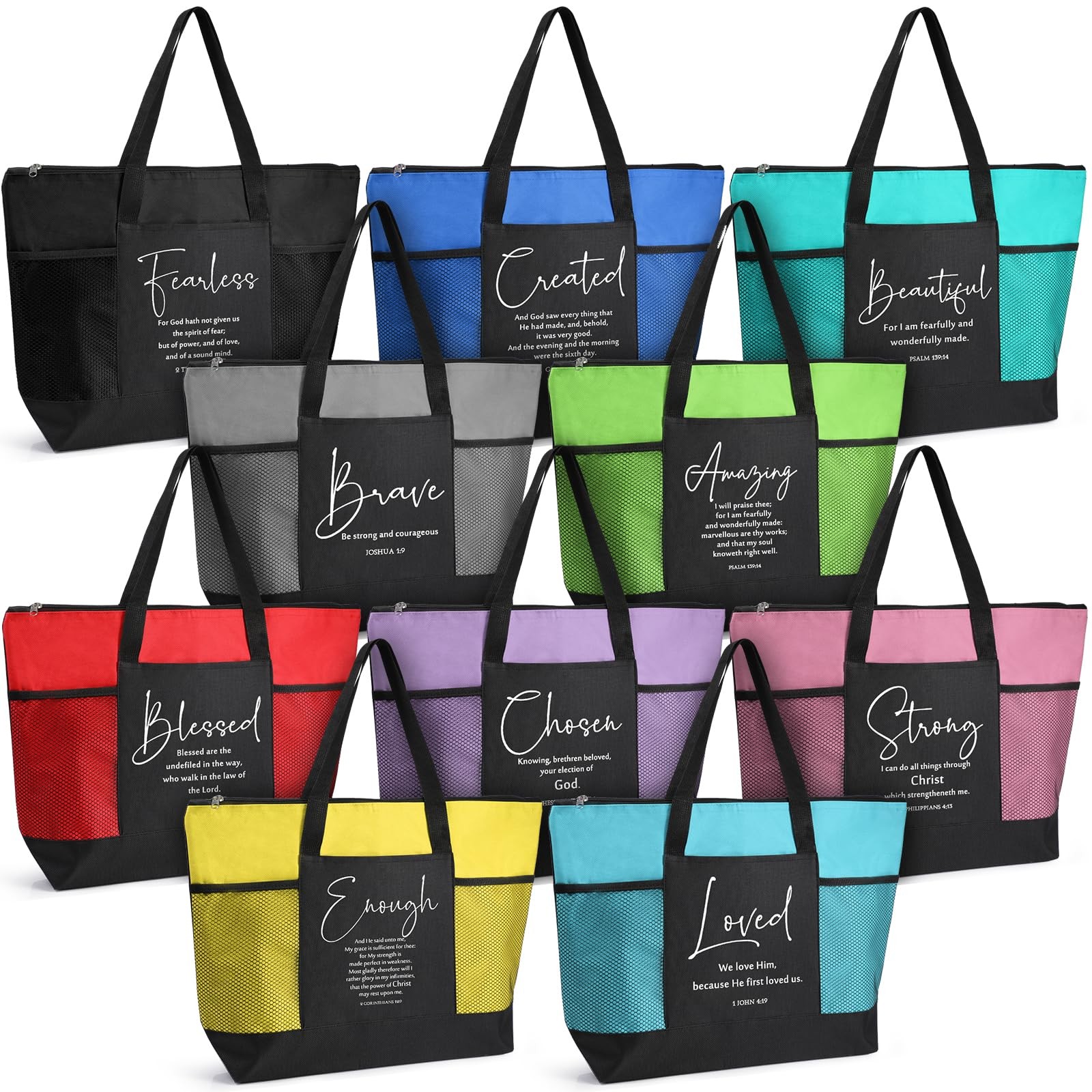 Paterr 10 Pcs Christian Tote Bags Bulk Pocket Zipper Women Religious Gifts Bags