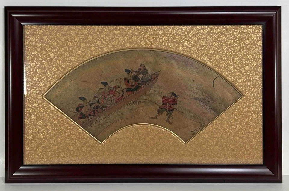 Antiguo japonés Edo firmado Ukiyo-e barco samurai batalla papel abanico hoja pintura Foto 2 de 4