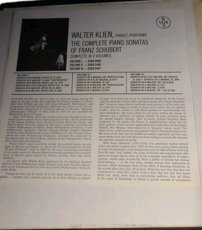 Piano Sonatas Walter Klein Volume 1 - 1973- 3 LP Viny Set VOX Record SVBX 5465 Foto 3 de 4