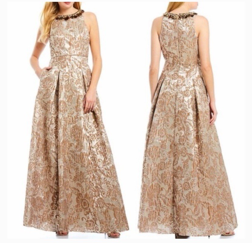 Aidan Mattox Metallic Jacquard Beaded Neck Gown Champagne Size 12, Side Pockets