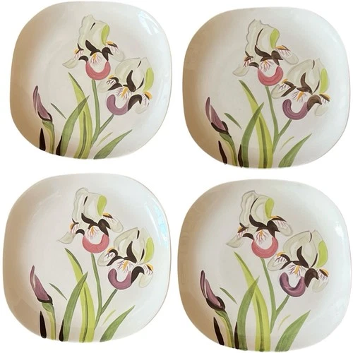 MCM 1940s Set of 4 Red Wing Pottery 10.25” Square Dinner Plates HandPainted IRIS