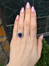 6.30Ct Oval Cut Natural Blue Sapphire& Diamond Solid 14k White Gold Wedding Ring